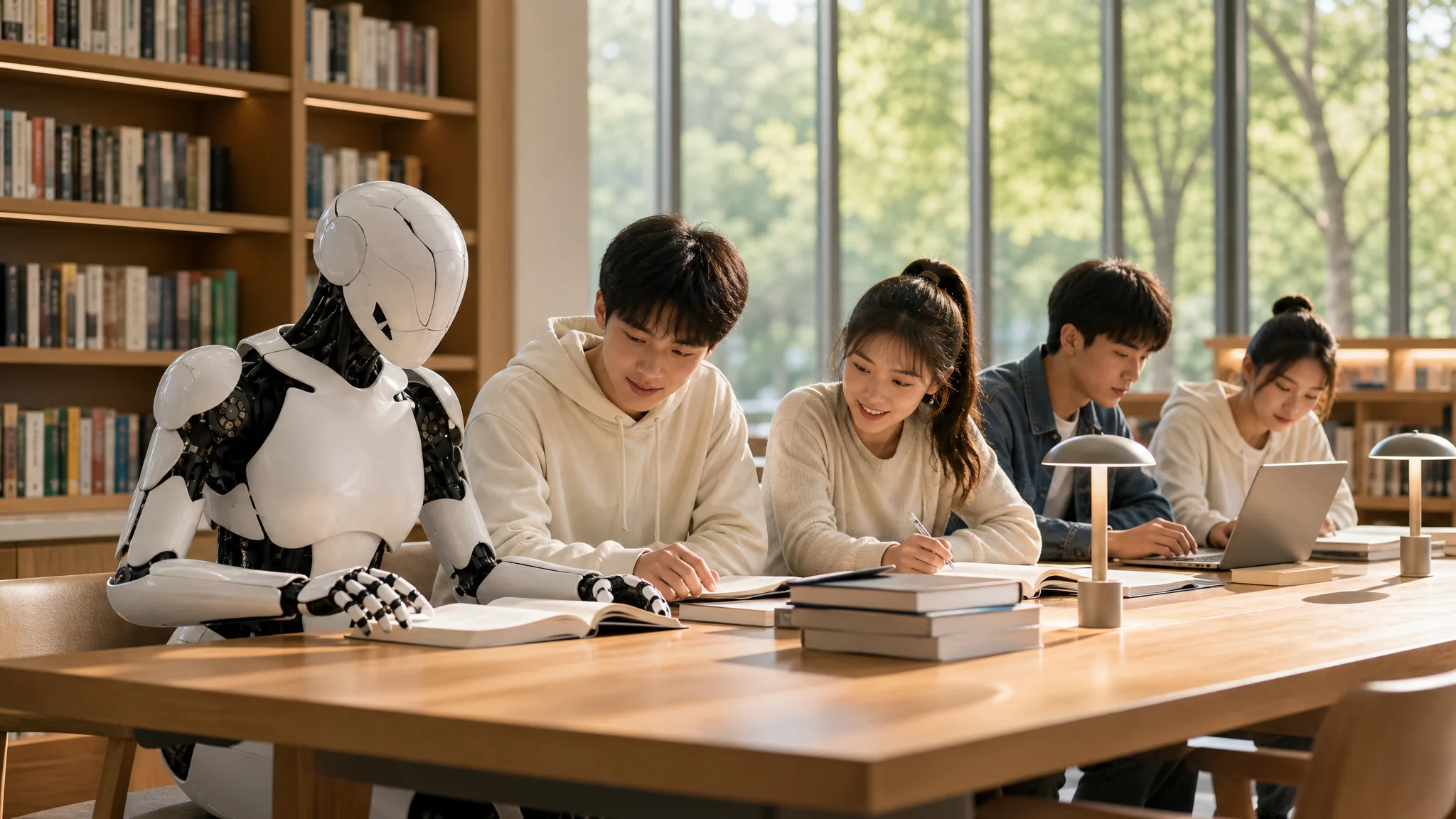 机器人与大学生在图书馆共同学习